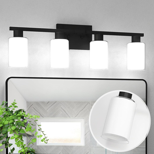 Apliques De Luz Baño 4 Luces Negro Con Pantalla Vidrio Trans