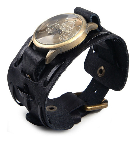 Relógio Bracelete Masculina Pulseira Larga Em Couro Polido