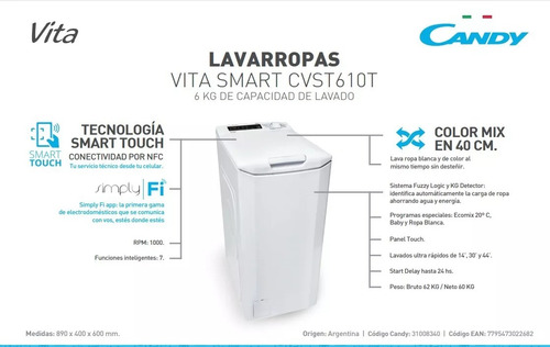 Imagen 6 de 8 de Lavarropas Carga Superior Candy 6 Kg 1000 Rpm Vita Cvst610t
