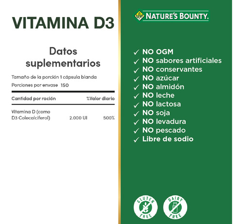 Suplemento Nature's Bounty Vitamina D3 125mcg X150 Cápsulas