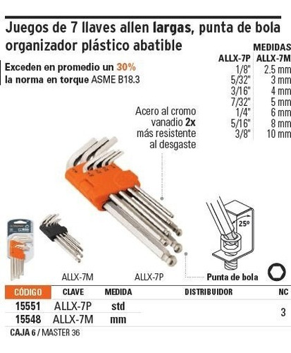 Llaves Allen Std Extralargas 7 Pz Truper 15551