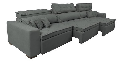 Sofá Austin 3,22m Retrátil, Reclinável com Molas no Assento e Almofadas, Suede Cinza Cama inBox