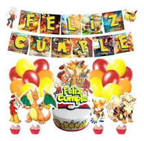 Comprar Set Globos+ Banderin+ Toppers Pokémon Fuego Feliz Cumpleaños Rojo Fuego