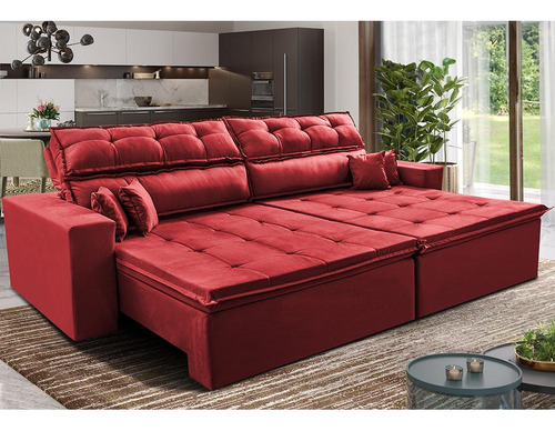 Sofá Retrátil E Reclinável 2,52m Luxos. Cama Inbox Velusoft Cor Vermelho