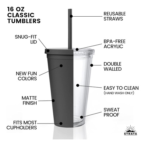 Vasos De Plastico De 473 Ml Con Popote Y Tapa Negro 12 Pzas
