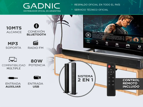 Imagen 2 de 10 de Barra De Sonido Gadnic Bs1000 Bt 2en1 Aux Usb Optical 80w