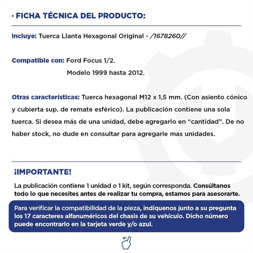 Imagen 2 de 9 de Tuerca Llanta Hexagonal Ford Focus 99/12 Original