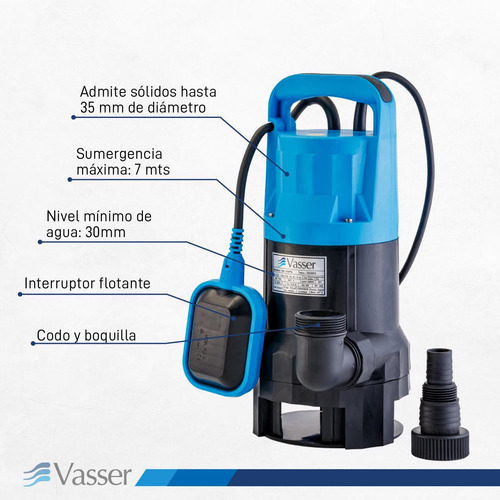Bomba Desagote Achique Vasser Motorarg Agua Sucia 1 Hp 10m Cable