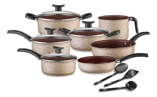Conjunto De Panelas Antiaderente 10 Peças Teflon Linha Coffee Cappuccino Tampa De Vidro