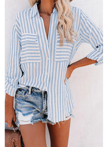 Blusa De Manga Larga Con Bolsillos A Rayas Con Botones Y Cue
