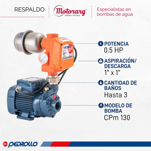 Imagen 2 de 8 de Bomba Agua Presurizadora Pedrollo Easy Pump 3 Baños 0.5 Hp