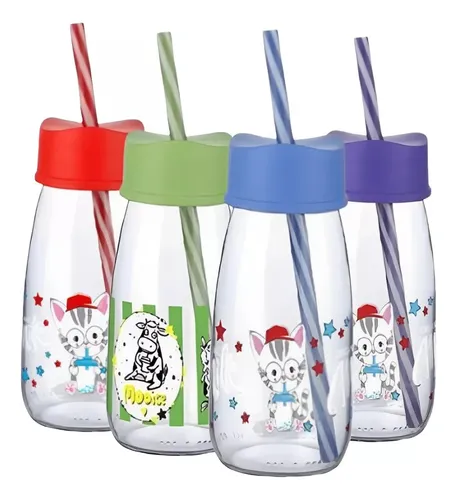 Botella De Leche Jugo Con Pajita 250ml De Vidrio Titiz Niños