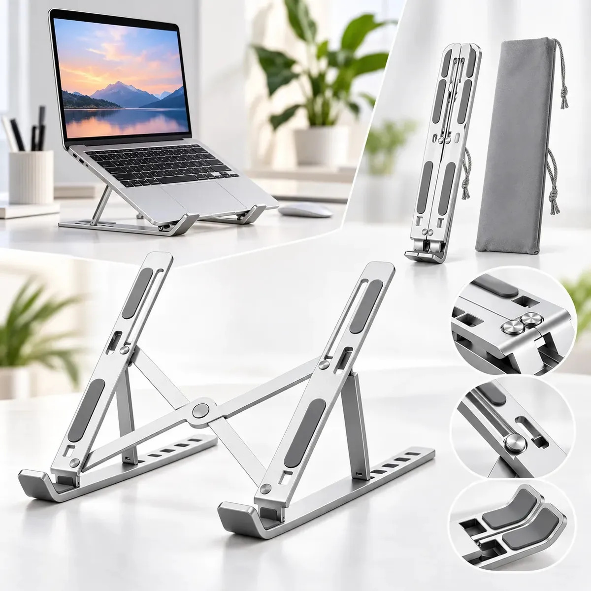 Suporte Notebook MacBook Em Alumínio Ajustável Com 8 Níveis Dobrável e Antiderrapante Ergonômico para Home Office - +uMais.u no Mercado Livre