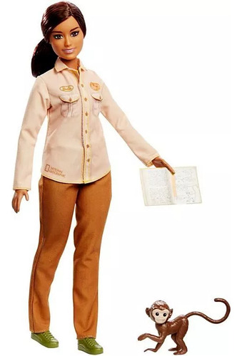 Conjunto Boneca Barbie Plus Size Negra Morena Profissões Quero Ser Conservacionista Da Vida Selvagem National Geographic Acompanha Animal Macaco Macaquinho Mattel Brinquedos