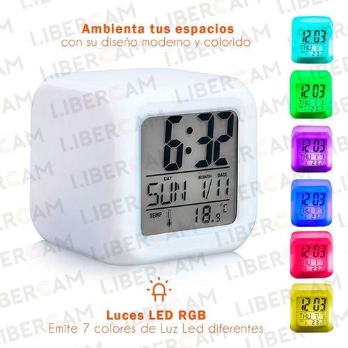 Imagen 6 de 10 de Reloj Despertador Luz Led Rgb Pantalla Alarma Temperatura