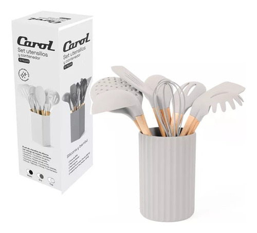 Set De 12 Piezas Utensillos Cocina Silicona Mango Madera