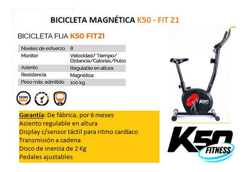 Imagen 2 de 4 de Bicicleta Fija Magnética K50 Fitness Fit21 Tradicional Negra