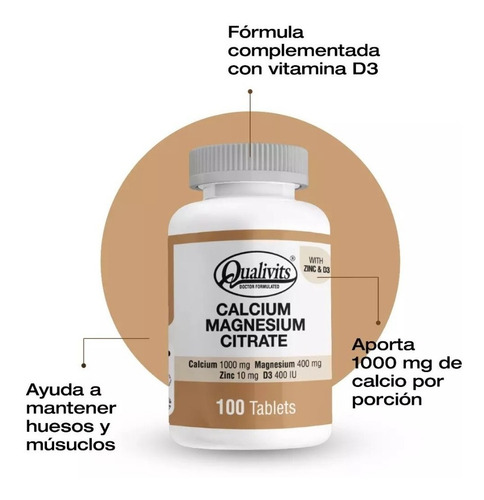 Qualivits® Calcio + Magnesio + Zinc + Vit D3 | 100 Tabletas Sabor Sin Sabor