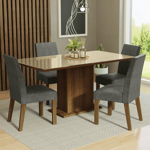 Sala Jantar Mesa Tampo Vidro 4 Cadeiras Silver Avril Madesa Cor Rustic/Crema/Silver