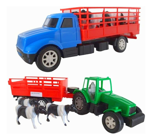 Kit Caminhão E Trator Com Bois Presente Brinquedo Infantil 