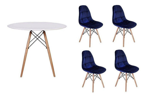 Kit Mesa Jantar Eiffel 80cm Branca +4 Cadeiras Botonê Veludo Cor Azul Marinho