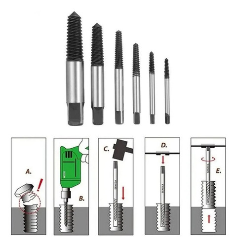 Extractor De Tornillo 6 Pzas Quita Perno Broca Roto 3-18mm
