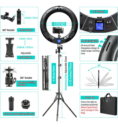 Ring Light Weeylite Rgb De 18 Pulgadas Con Soporte Y Soporte