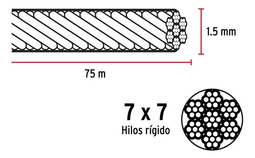 Cable Rígido 1/16' Acero 7x7 Recubierto Pvc, Carrete De 75 M