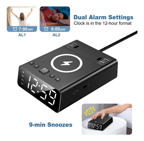 Reloj Despertador Con Cargador Inalámbrico Y Usb Despierta C