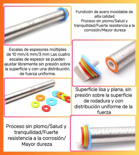 Palo de Amasar de Acero Inoxidable Regulable 4 Niveles 40cm Antiadherente y Multifuncional + 4 Discos Regulables Levys Bazar