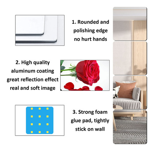 AmasSmile Paquete 6 espejos pared longitud completa, Hogar Decorativos Inastillable espejo acrílicos 25cm, láminas de espejo plástico flexible inastillables para dormitorio, hogar, puerta de gimnasio