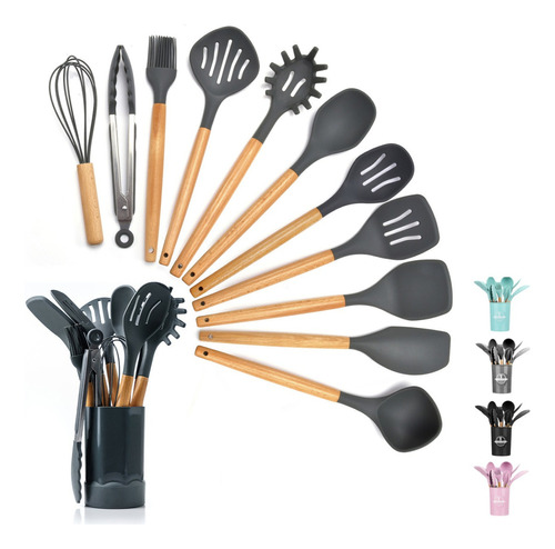 Kit 12 Utensílios Para Cozinha Silicone De Madeira Cor Preto