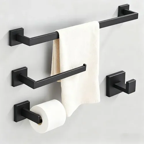 Kit Acessórios Banheiro Preto Fosco Aço Inoxidável 4 Peças Quadrado Com Perfuração Barra De Toalha Porta Papel Higiênico Gancho  Design Moderno Winda