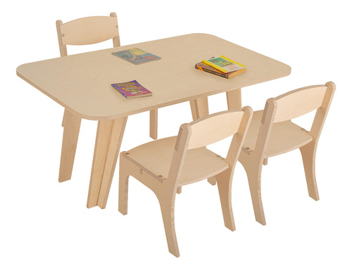 Set Infantil Mesa Rectangular Con 3 Sillas Abedul Sin Barniz Natural