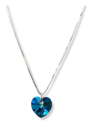 Collar Corazón Cristal Austriaco Azul Bermuda Plata Fina 925