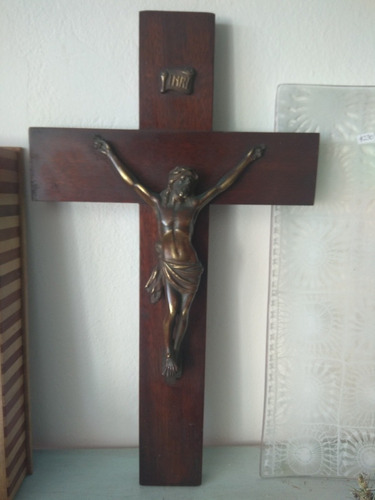 Antiguo Crucifijo Madera Y Bronce 42 Cm