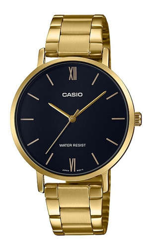 Reloj Pulsera Casio A. Inoxidable Dorado Esfera Negra Febo