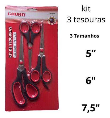 Kit Tesouras Com 3 Peças 5 6 7,5 Polegada Costura Escolar