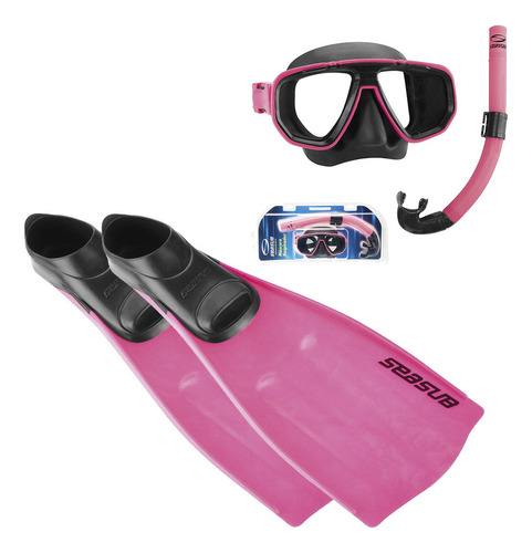 Kit Mergulho Completo Máscara Snorkel Nadadeira Pé De Pato Seasub - Vidros Temperados Intercambiáveis Cor Rosa | 33/35