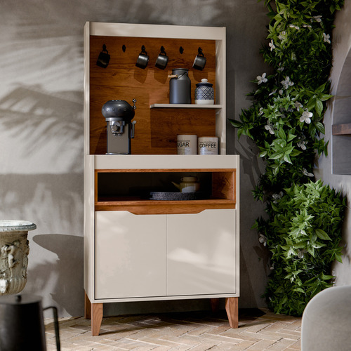 Cantinho Do Café Com Armário Aéreo De Cozinha Buffet Balcão Cor Off white/Freijó