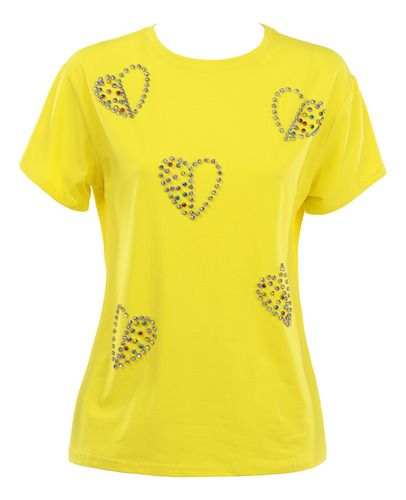 Playera Manga Corta Mujer Pedrería Corazones Stretch Fresca