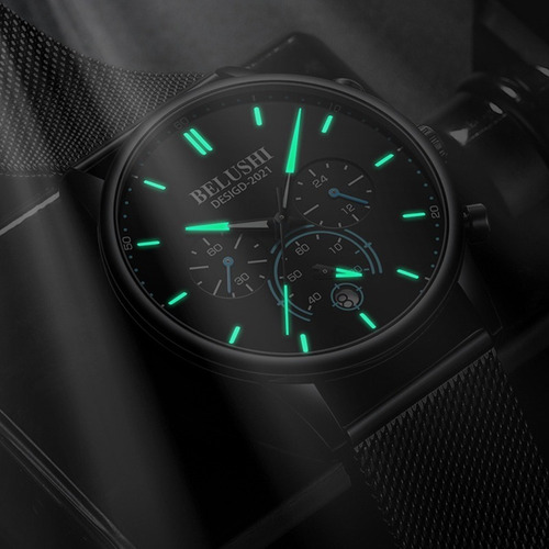 Reloj Hombre Acero Inoxidable Cronógrafo Real Fluorecente Bs Correa Punteros Rojos