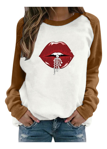 Top De Manga Larga De Forro Polar Con Estampado De Labios Ra