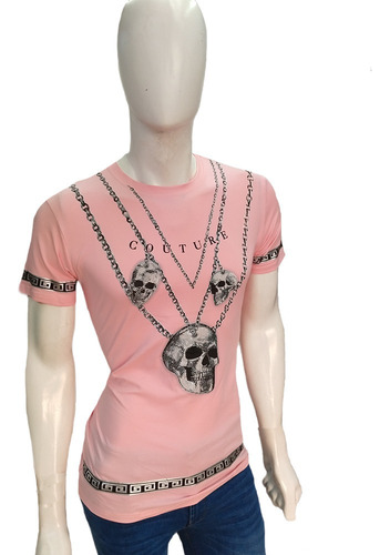 Imagen 2 de 6 de Playera Hombre Calaveras Cadenas Plateada Pedreria Slimfit