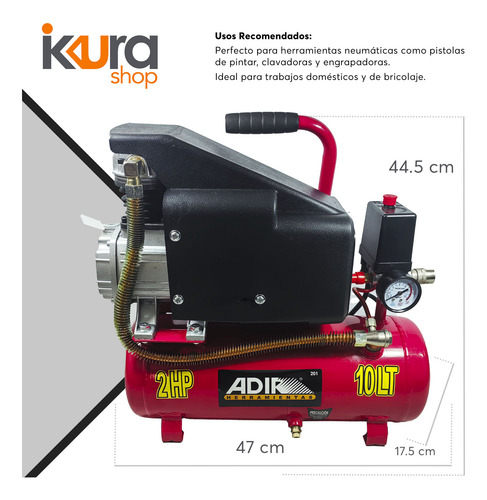 Compresor Eléctrico Lubricado 2hp 10 Lts Adir 201 Rojo