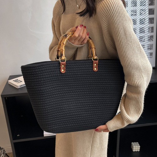 Bolsos De Playa De Moda Con Mango De Bambú, Algodón Tejido A