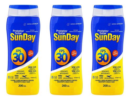 Kit 3 Protetor Solar Sunday Fps 30 200ml.