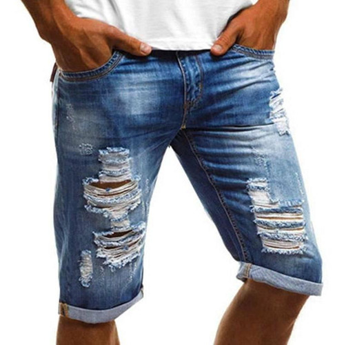 Bermudas De Mezclilla Hasta La Rodilla Para Hombre, Rasgadas