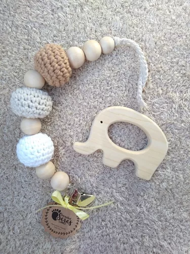 Porta Chupete Prendedor Crochet Madera Hilo Montessori Bebes