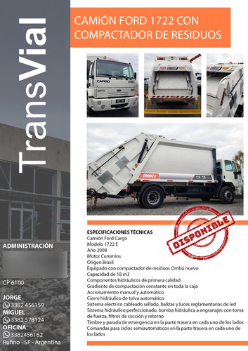 Ford Cargo 1722 Con Compactador Ombu Nuevos Y M Benz Regador